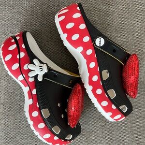 CROCS Red and White Polka Dot Clogs with Black Accents